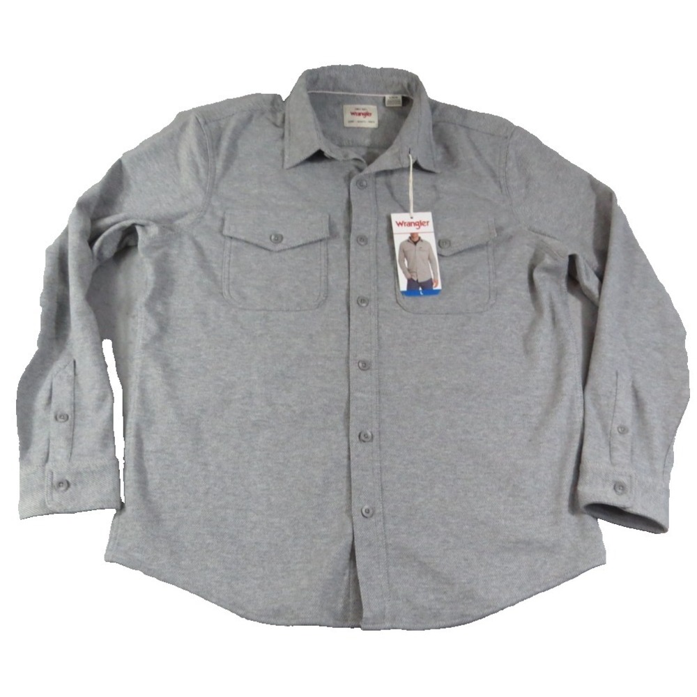 NWT Wrangler Men L Gray Flannel Knit Shirt Long Sleeve Stretch Snap Front Jacket